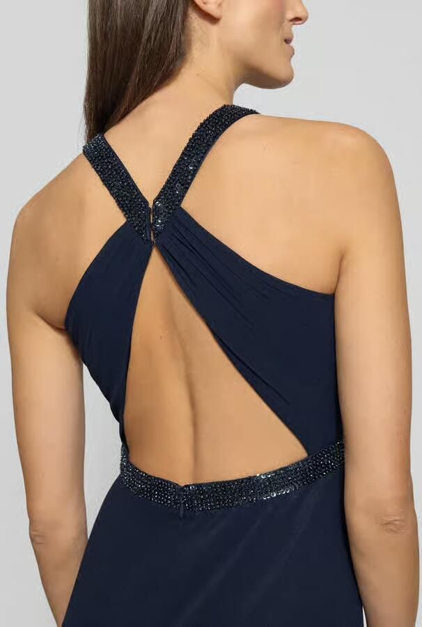 Vera Mont satijnen halter maxi jurk met open rug donkerblauw