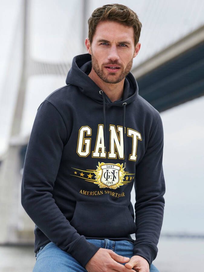 Gant Donkerblauwe Hoodie met Print en Kangaroezakken Blue Heren