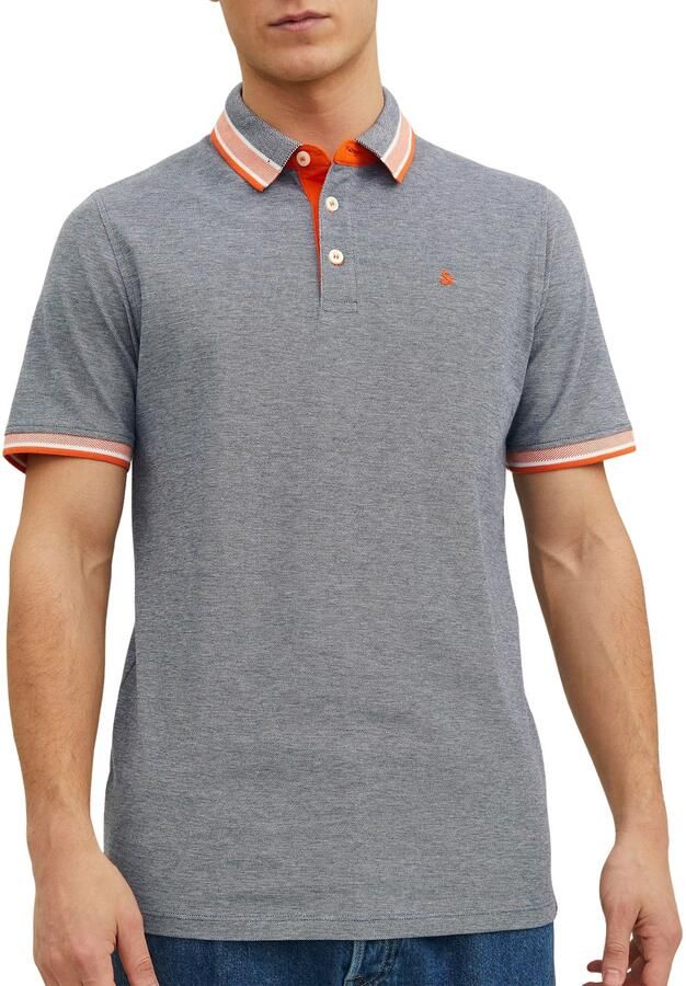JACK & JONES ESSENTIALS gemeleerde slim fit polo JJEPAULOS van katoen navy blazer oranje - Foto 3