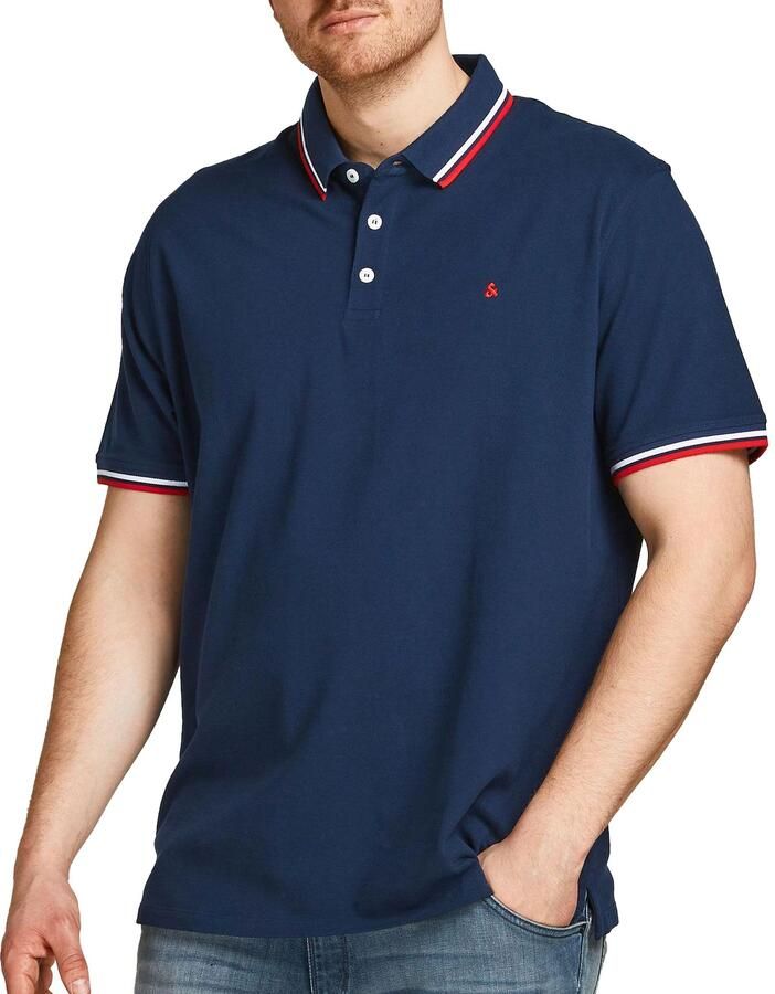 JACK & JONES PLUS SIZE slim fit polo JJEPAULOS Plus Size met contrastbies navy blazer - Foto 4