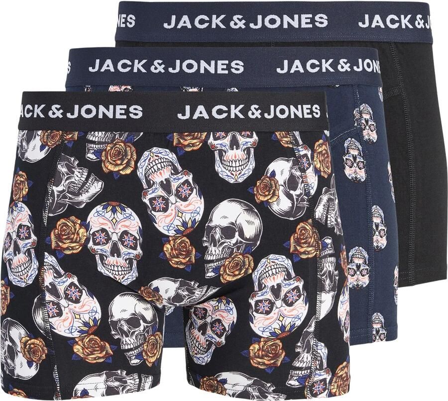 JACK & JONES JUNIOR boxershorts met print zwart donkerblauw (set van 3)