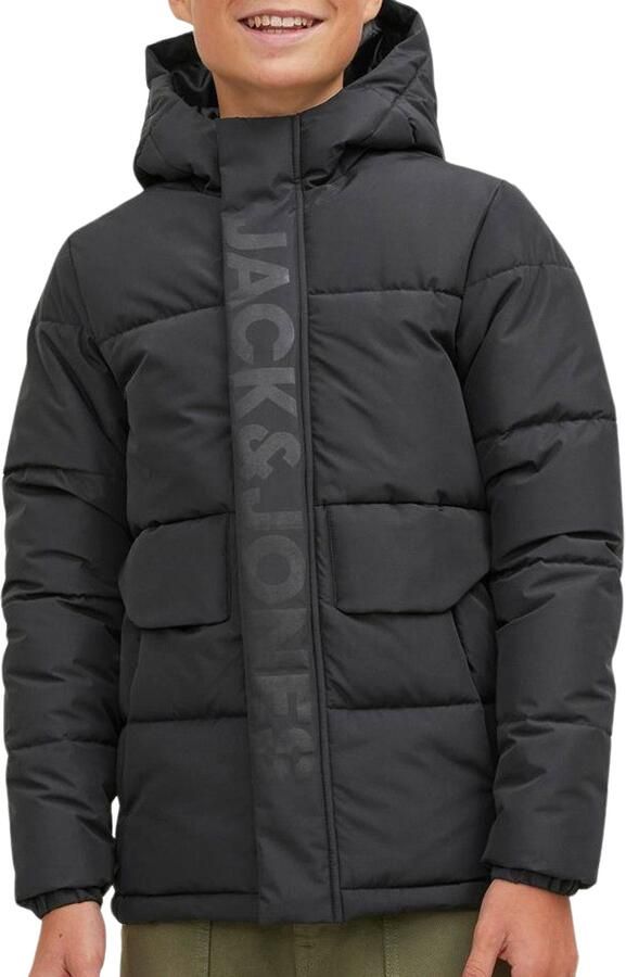 Jack & jones JUNIOR gewatteerde winterjas zwart Jongens Polyester Capuchon 140