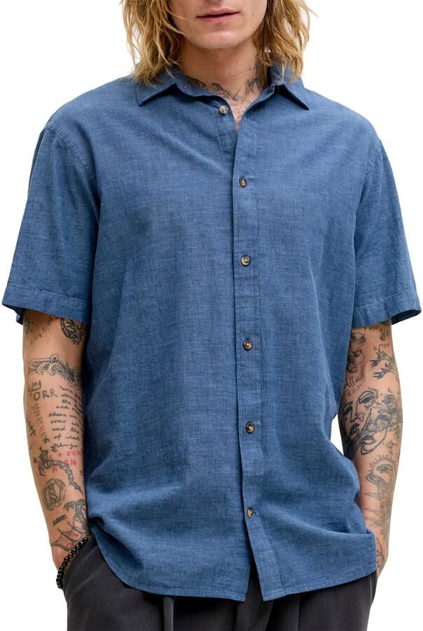 JACK & JONES ESSENTIALS regular casual overhemd met linnen blauw - Foto 4
