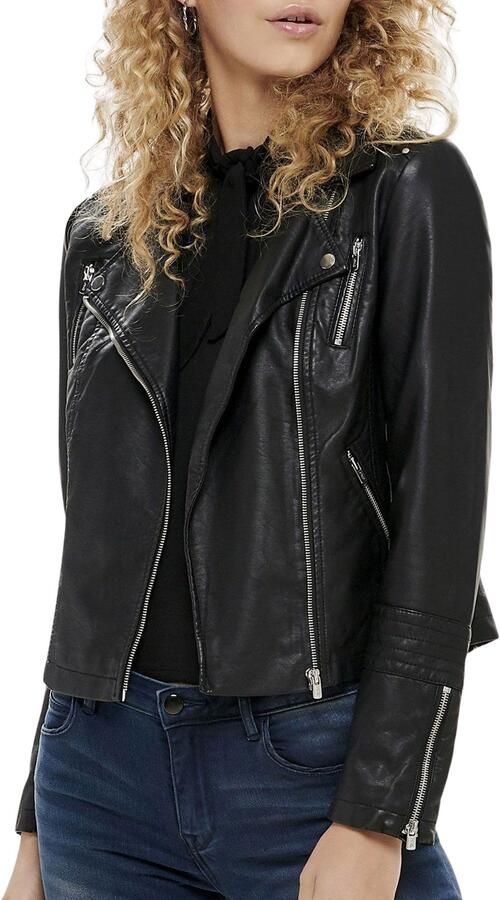 Only Imitatieleren jack ONLGEMMA – Bikerjack met asymmetrische ritssluiting getailleerd casual leerimitatie zakken met ritssluiting