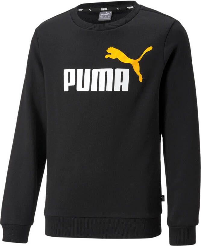 Puma essentials+ two tone big logo crew sweater zwart geel kinderen