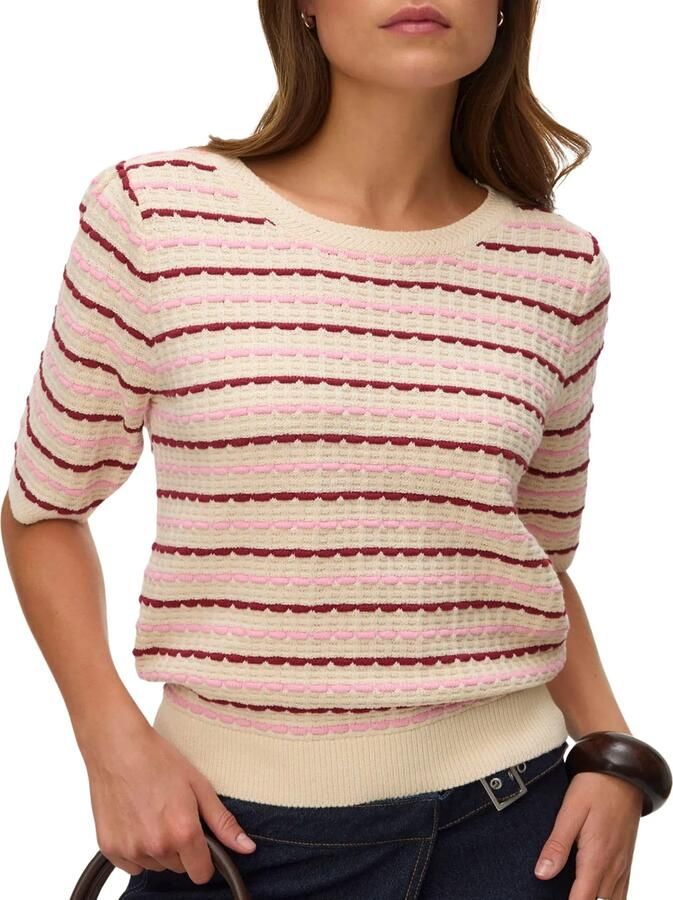 VERO MODA katoenen gebreide gestreepte trui met ajourdetails zand - Foto 4