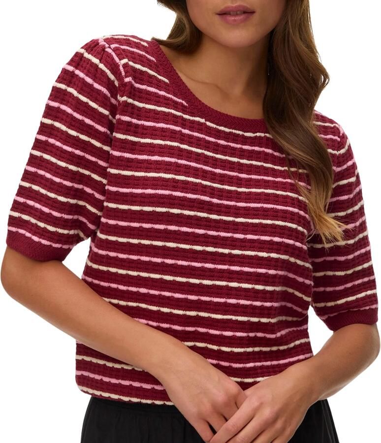 VERO MODA katoenen gebreide gestreepte trui met ajourdetails donkerrood - Foto 3