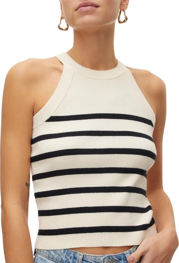 VERO MODA gestreepte gebreide haltertop VMSABA creme zwart - Foto 7