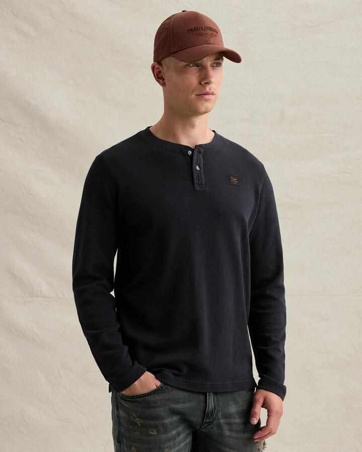 PME LEGEND Henley T-shirt met lange mouwen en garment-dye wassing