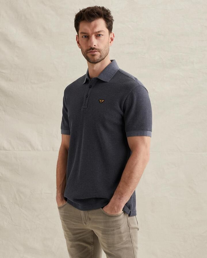 PME Legend regular gestreepte polo donkerblauw fijn gebreid - Foto 2