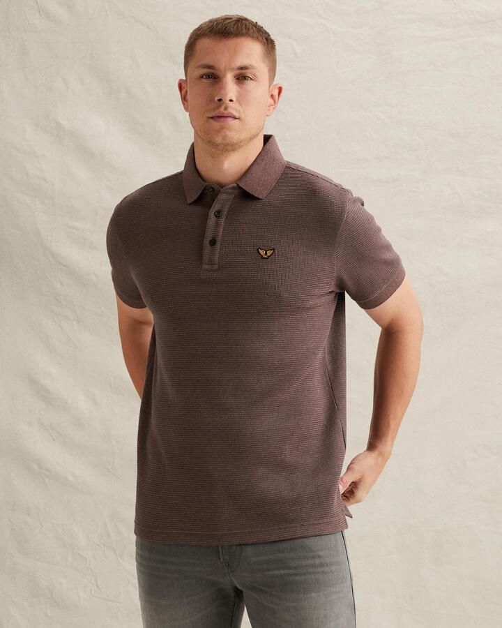 PME Legend regular gestreepte polo roodbruin fijn gebreid - Foto 3