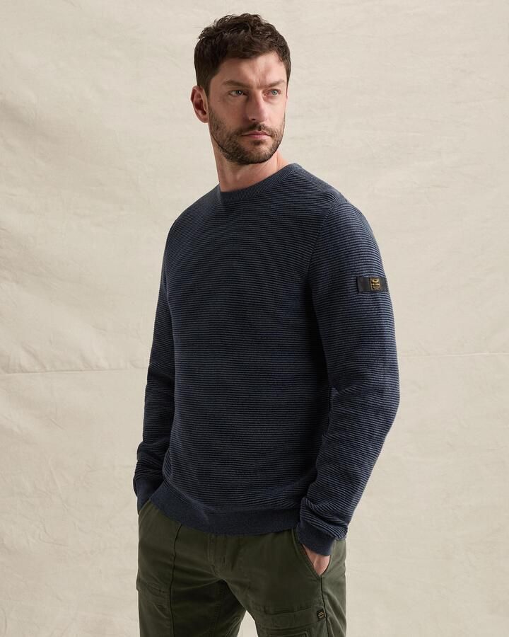 PME Legend regular fit katoenen gemêleerde gebreide trui donkerblauw