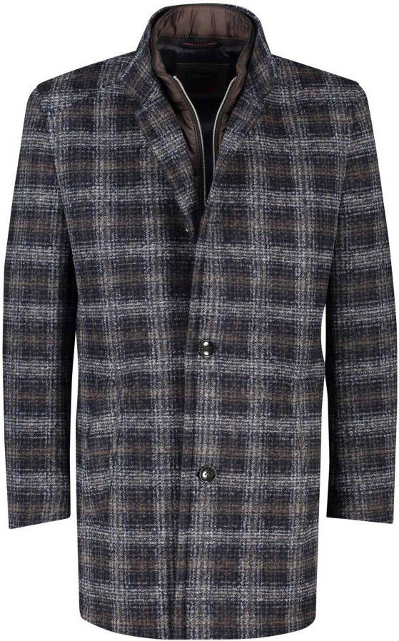 Bugatti winterjas donkerblauw geruit rits + knoop wijde fit