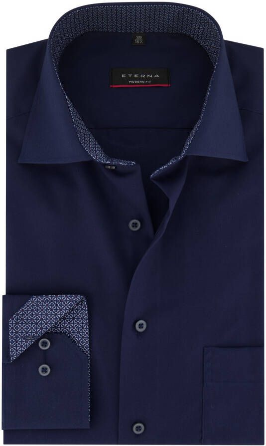 Eterna business overhemd Modern Fit normale fit donkerblauw effen katoen contrast boord