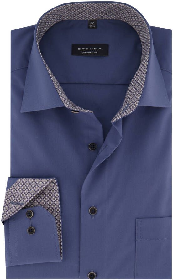 Eterna overhemd mouwlengte 7 wijde fit blauw effen 100% katoen