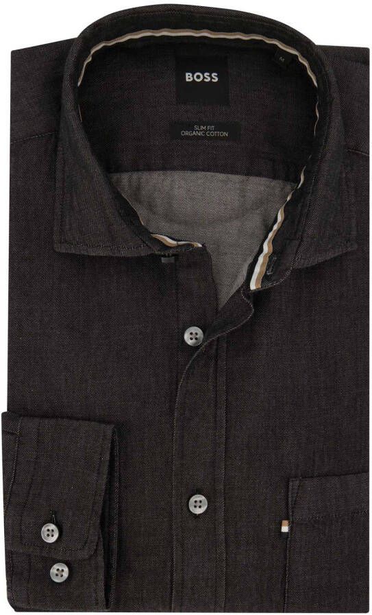 Hugo Boss casual overhemd slim fit zwart effen katoen