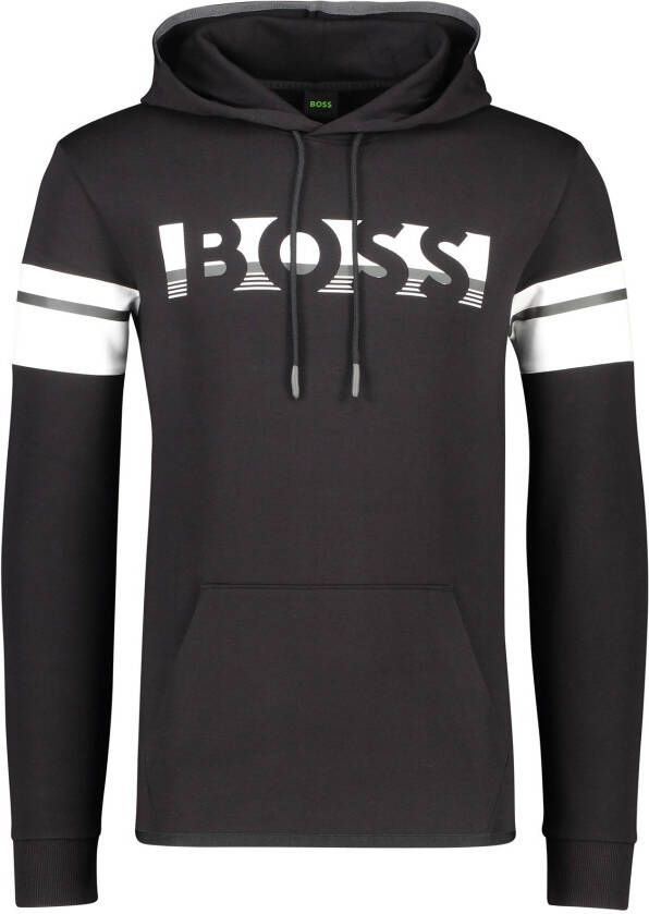 Hugo Boss sweater hoodie zwart geprint katoen met buidelzak