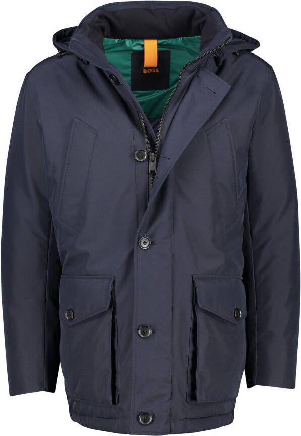 Hugo Boss Winterjas blauw effen rits + knoop normale fit