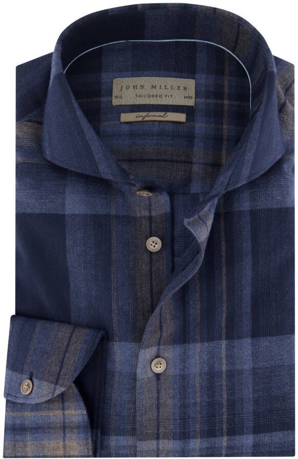 John Miller business overhemd normale fit donkerblauw geruit katoen