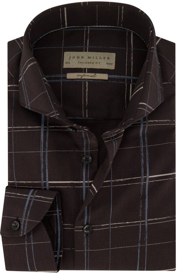 John Miller business overhemd Tailored Fit slim fit bruin geruit katoen