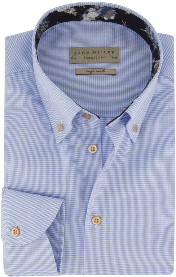 John Miller business overhemd Tailored Fit slim fit lichtblauw geruit katoen