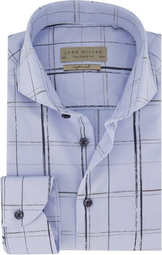 John Miller business overhemd Tailored Fit slim fit lichtblauw geruit katoen
