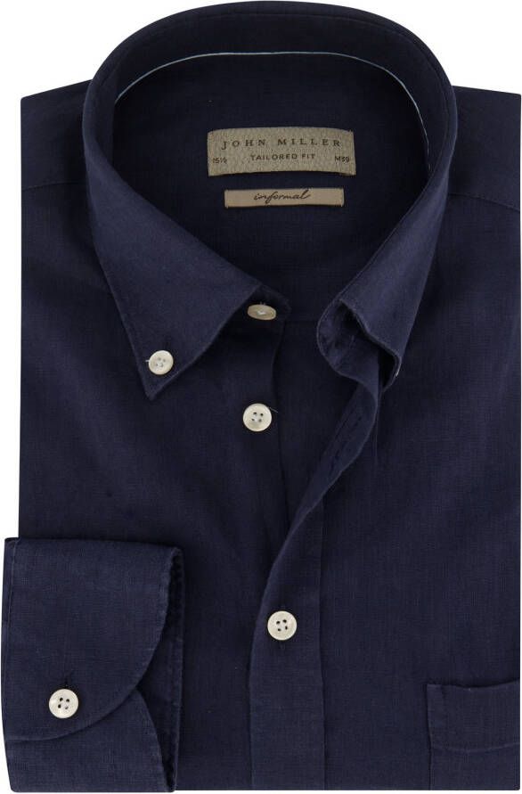 John Miller casual overhemd slim fit donkerblauw effen linnen