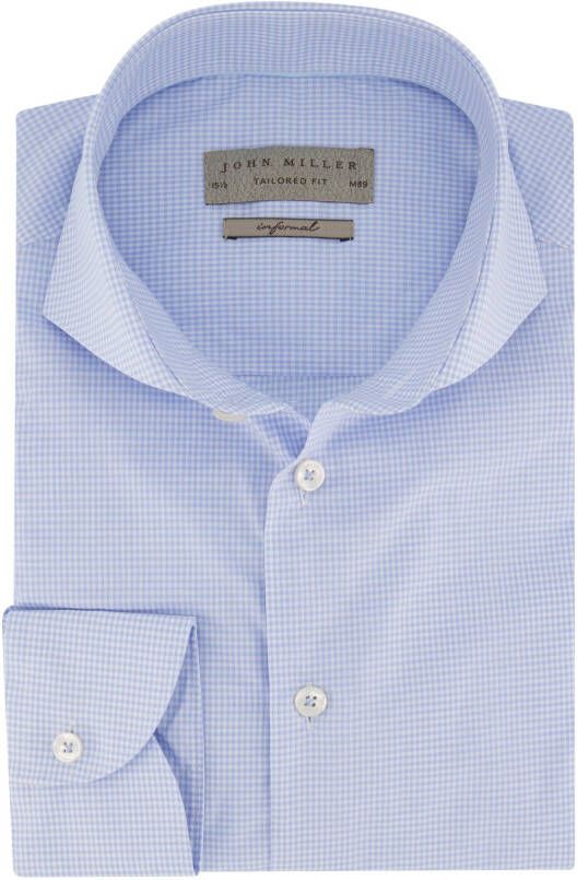 John Miller overhemd mouwlengte 7 Tailored Fit slim fit blauw geruit katoen