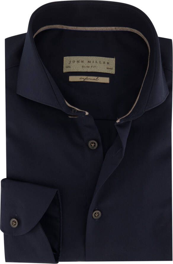 John Miller overhemd mouwlengte 7 slim fit donkerblauw effen katoen
