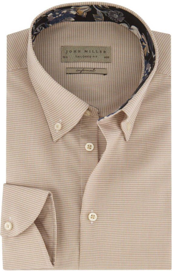 John Miller overhemd mouwlengte 7 Tailored Fit slim fit beige geruit katoen