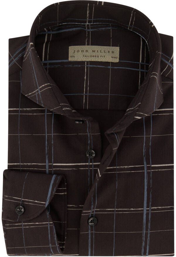 John Miller overhemd mouwlengte 7 Tailored Fit slim fit bruin geruit katoen