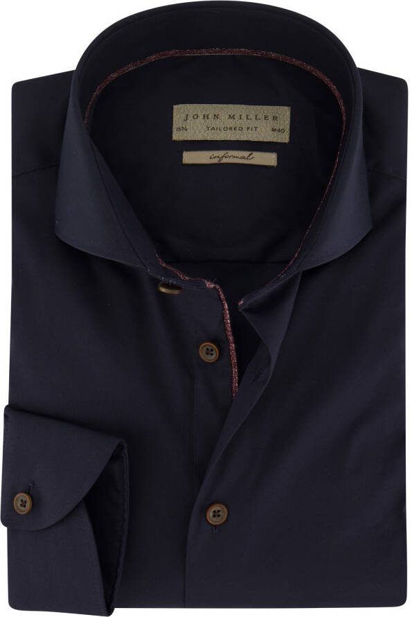 John Miller overhemd mouwlengte 7 Tailored Fit slim fit donkerblauw effen katoen