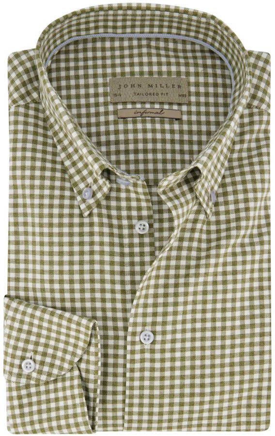 John Miller overhemd mouwlengte 7 Tailored Fit slim fit groen geruit katoen