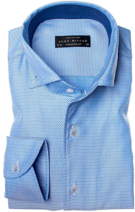 John Miller overhemd mouwlengte 7 Tailored Fit slim fit blauw geprint katoen