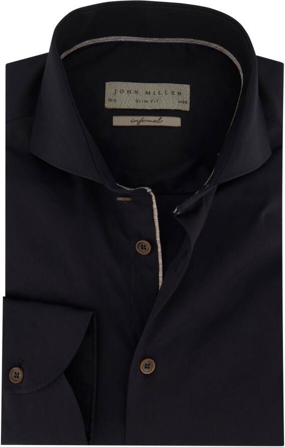 John Miller zakelijk overhemd slim fit zwart effen katoen