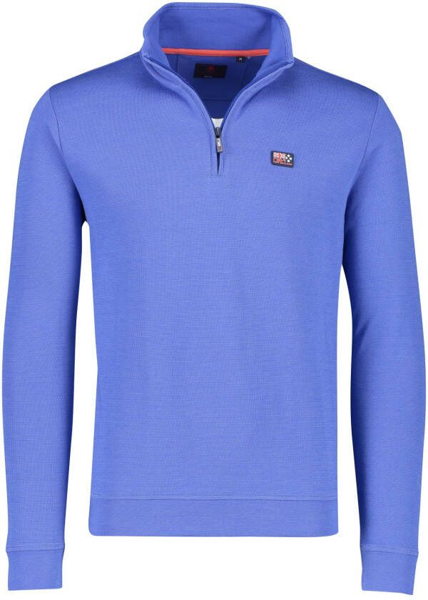 New Zealand sweater opstaande kraag blauw gestreept met logo