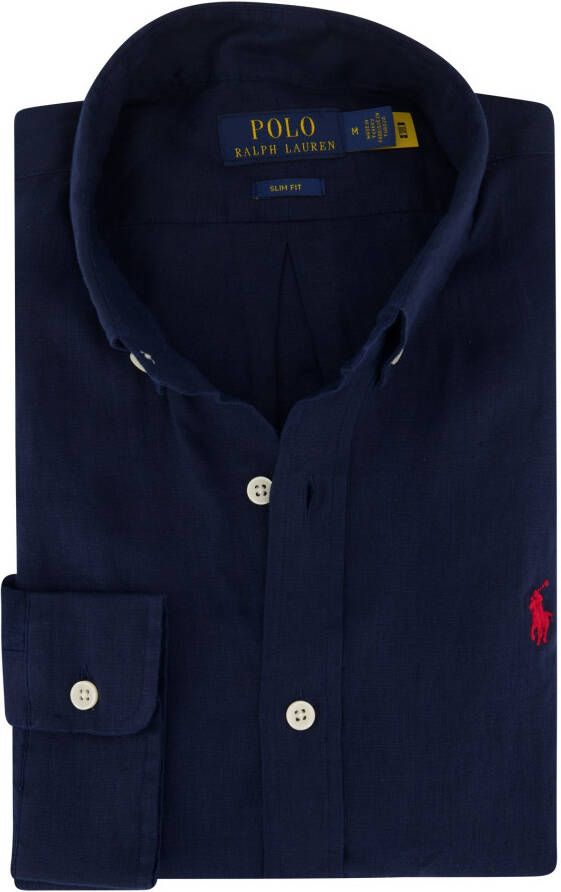 Polo Ralph Lauren casual overhemd slim fit donkerblauw effen 100% linnen