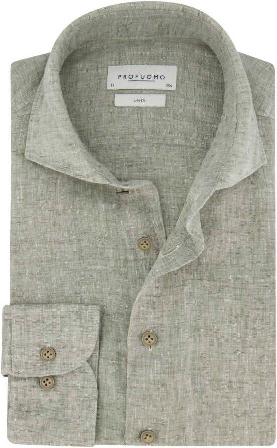 Profuomo business overhemd cutaway slim fit groen effen linnen