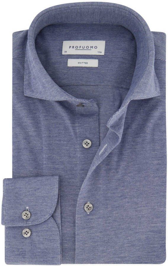 Profuomo business overhemd slim fit blauw effen knitted katoen