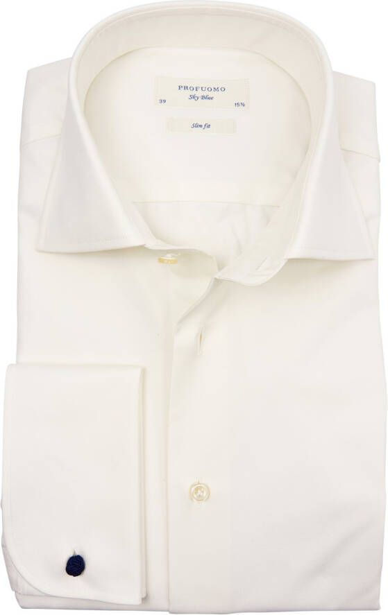 Profuomo Sky Blu overhemd ecru dubbel manchet slim fit - Foto 5