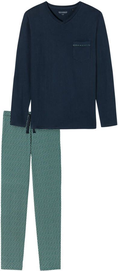 Schiesser pyjama donkerblauw groen geprint katoen