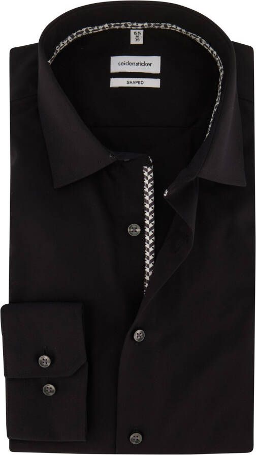 Seidensticker overhemd normale fit zwart uni met semi wide spread boord - Foto 3