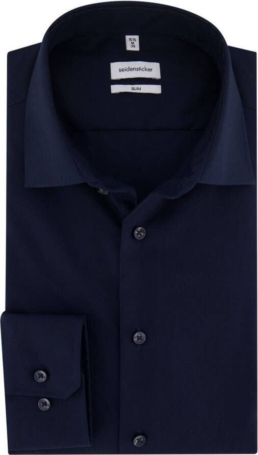 seidensticker business overhemd slim fit donkerblauw effen 100% katoen