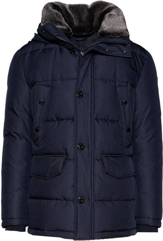 Strellson winterjas blauw effen rits + knoop normale fit