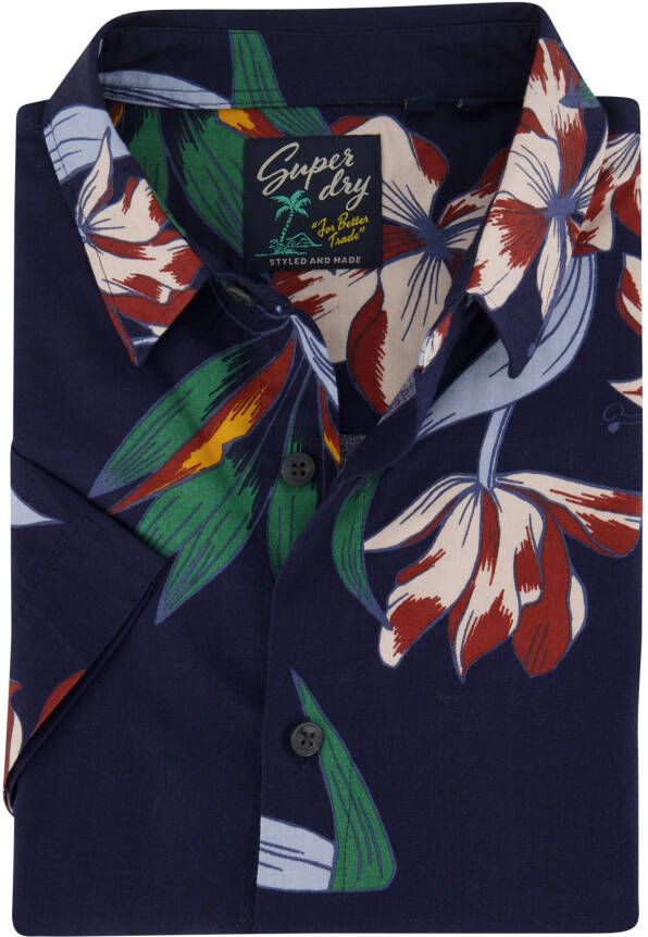 Superdry casual overhemd korte mouw slim fit donkerblauw bloemen print