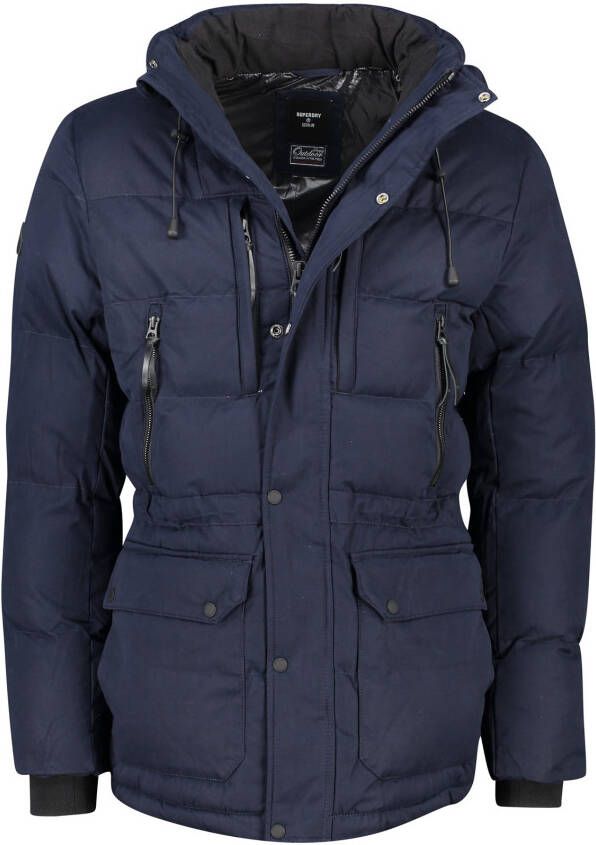 Superdry winterjas donkerblauw effen rits + knoop normale fit