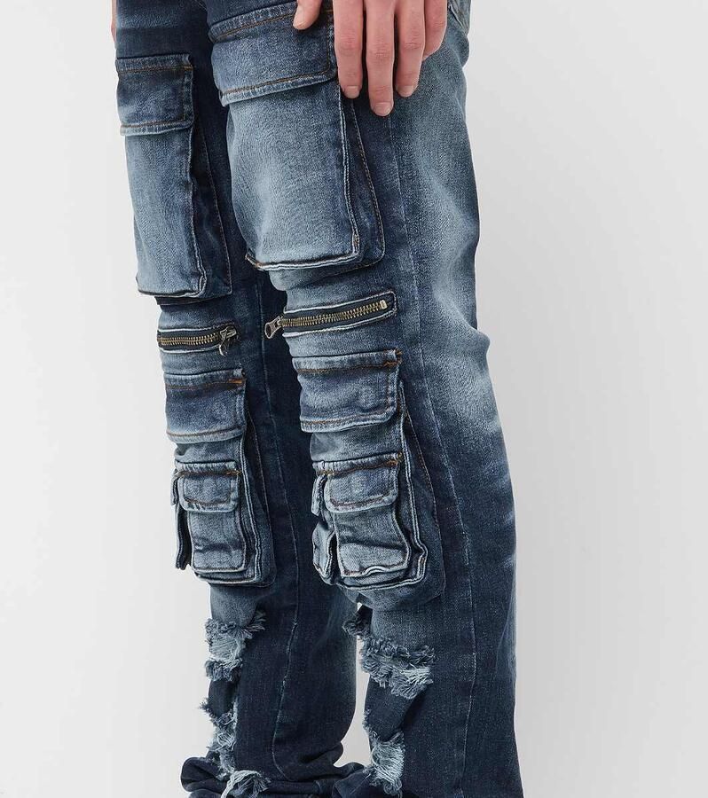 2Y STUDIOS Esteban Multi Pocket Skinny Men Spijkerbroeken blauw Kleding