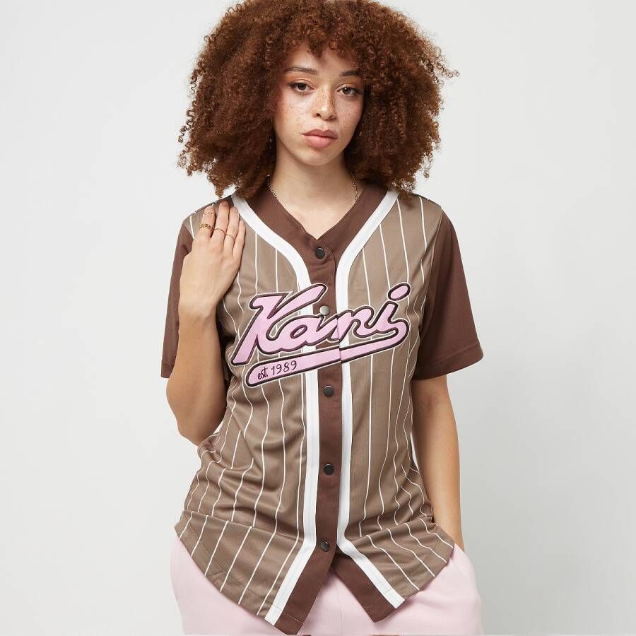 Karl Kani Varsity Block Pinstripe Baseball Shirt Korte mouwen Dames taupe brown white maat: L beschikbare maaten:XS S M L