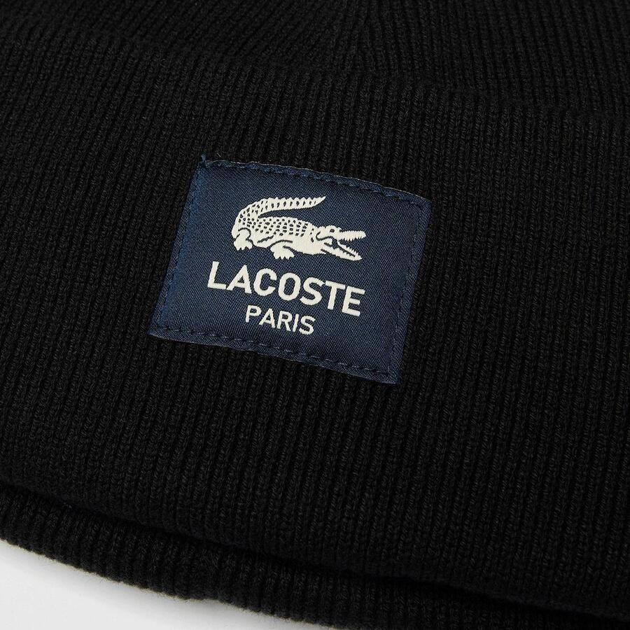 Lacoste Woven Label Beanie Unisex Mutsen zwart Maat ONE SIZE Accessoires