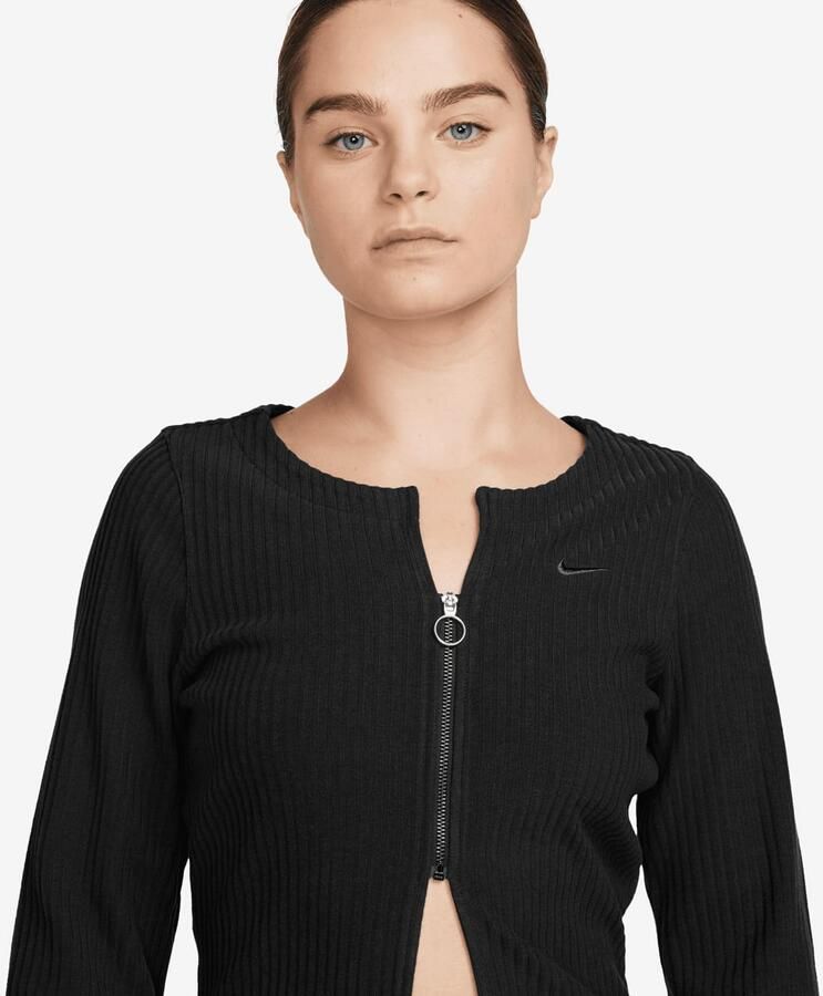 Nike Aansluitend geribbeld damesvest met rits over de hele lengte Sportswear Chill Knit Black Black- Dames Black Black